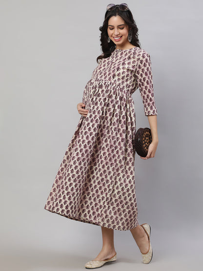 Women Beige Printed Flared Maternity Dress | LASVINI - Redefining Indian Fashion with Elegance