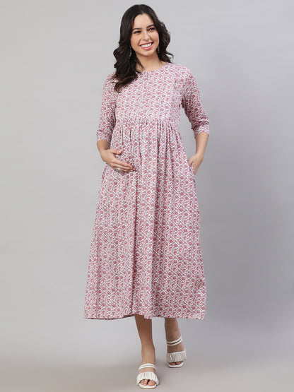 Women Off-White Printed Flared Maternity Dress | LASVINI - Redefining Indian Fashion with Elegance
