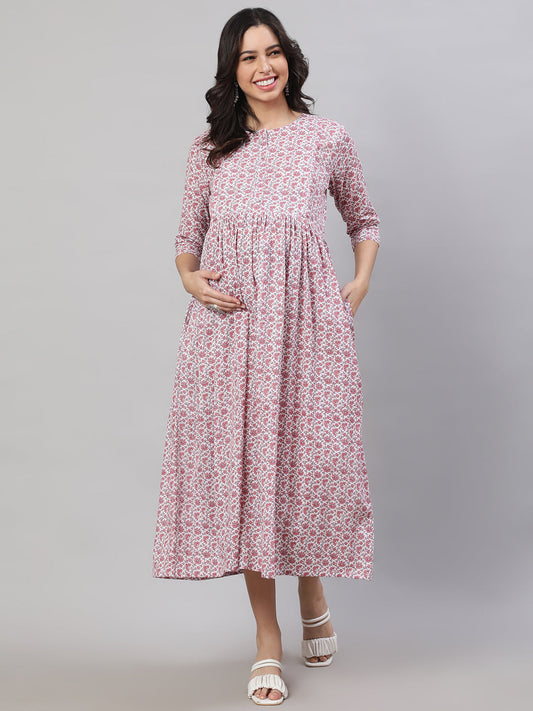 Women Off-White Printed Flared Maternity Dress | LASVINI - Redefining Indian Fashion with Elegance