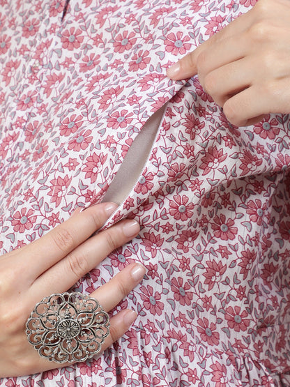 Women Off-White Printed Flared Maternity Dress | LASVINI - Redefining Indian Fashion with Elegance