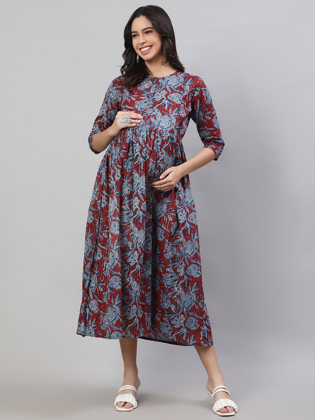 Women Maroon & Blue Printed Flared Maternity Dress | LASVINI - Redefining Indian Fashion with Elegance