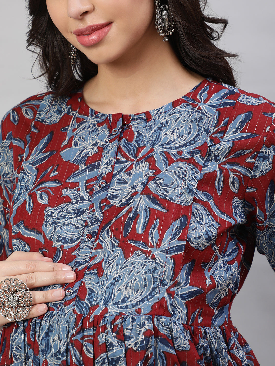 Women Maroon & Blue Printed Flared Maternity Dress | LASVINI - Redefining Indian Fashion with Elegance