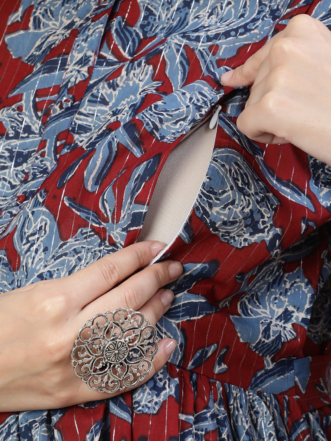 Women Maroon & Blue Printed Flared Maternity Dress | LASVINI - Redefining Indian Fashion with Elegance