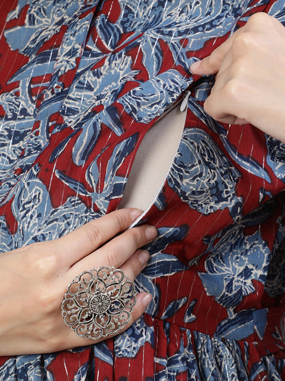 Women Maroon & Blue Printed Flared Maternity Dress | LASVINI - Redefining Indian Fashion with Elegance