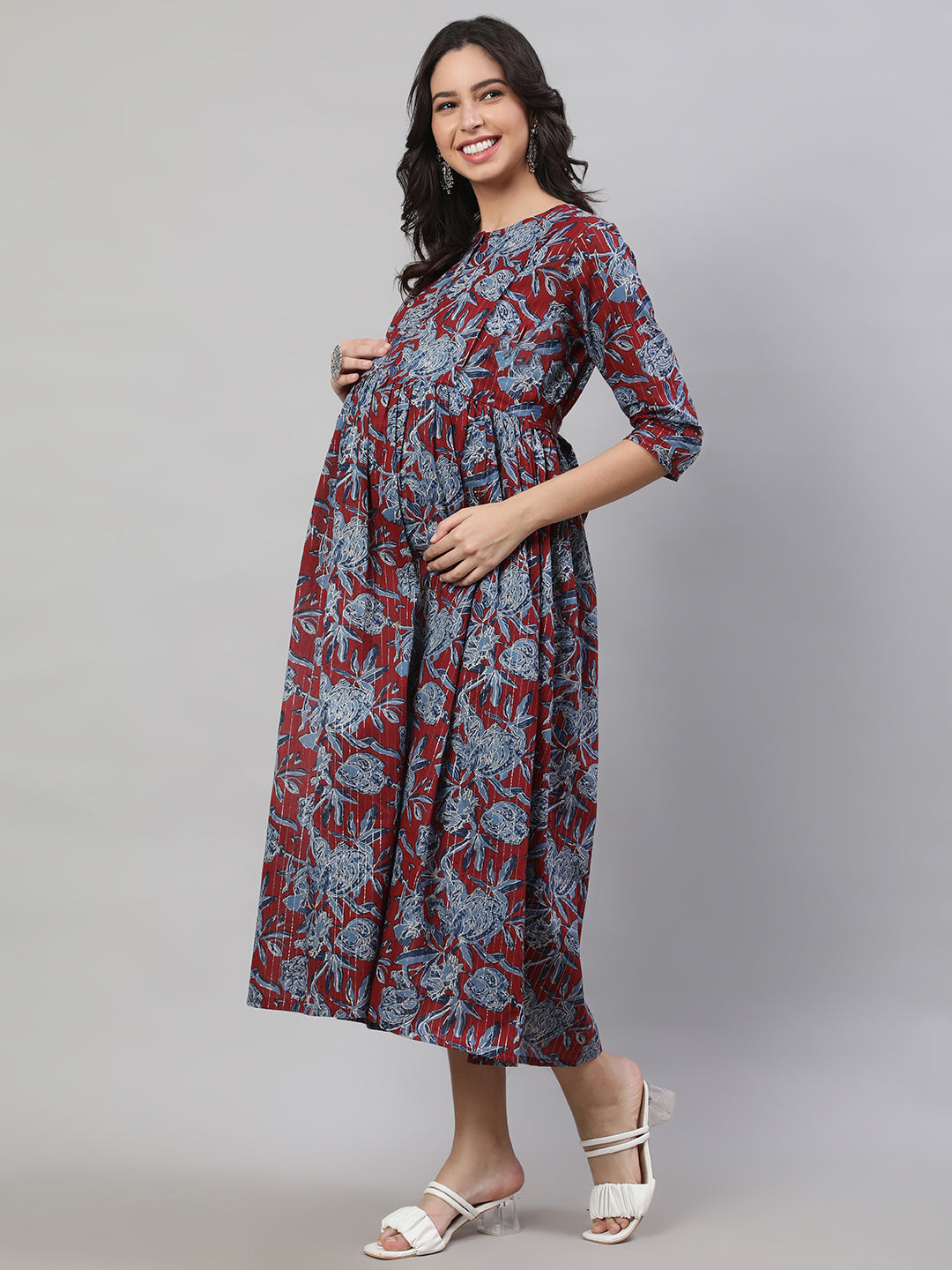 Women Maroon & Blue Printed Flared Maternity Dress | LASVINI - Redefining Indian Fashion with Elegance