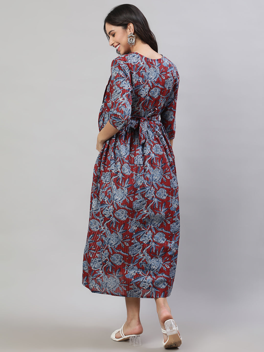 Women Maroon & Blue Printed Flared Maternity Dress | LASVINI - Redefining Indian Fashion with Elegance