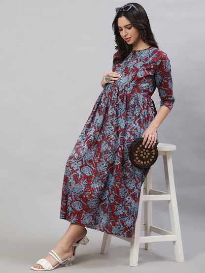 Women Maroon & Blue Printed Flared Maternity Dress | LASVINI - Redefining Indian Fashion with Elegance