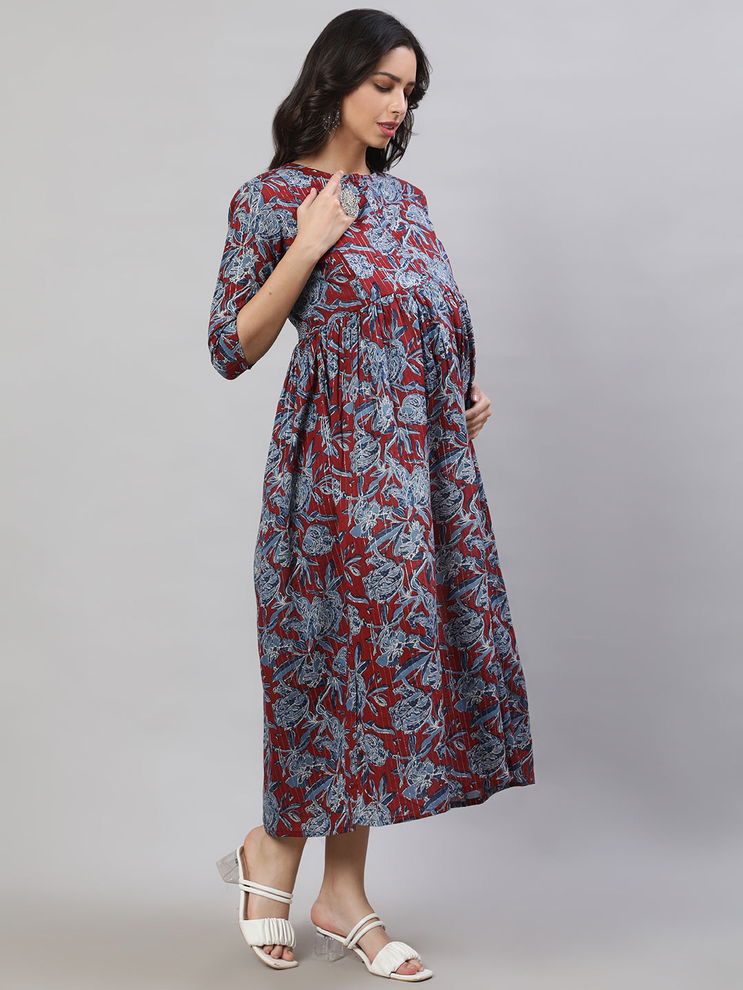Women Maroon & Blue Printed Flared Maternity Dress | LASVINI - Redefining Indian Fashion with Elegance