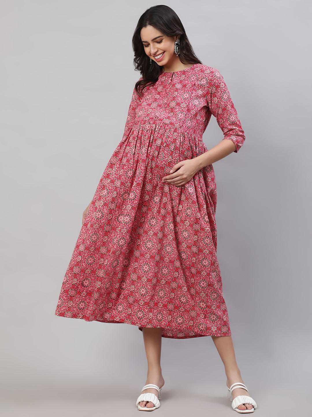 Women Pink Printed Flared Maternity Dress | LASVINI - Redefining Indian Fashion with Elegance