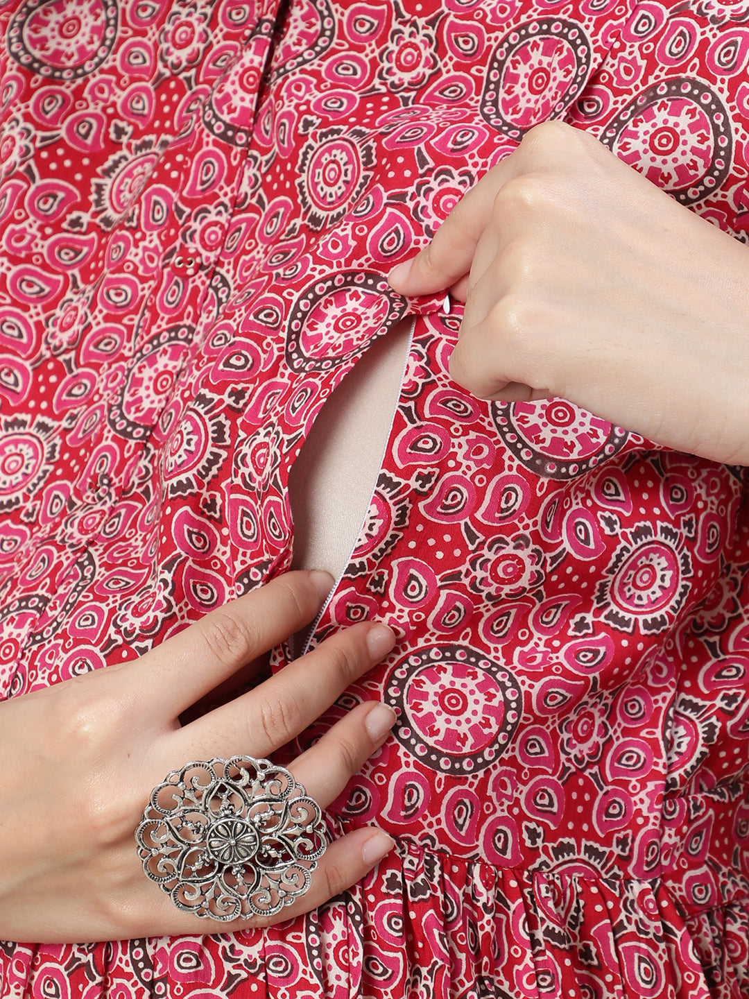 Women Pink Printed Flared Maternity Dress | LASVINI - Redefining Indian Fashion with Elegance