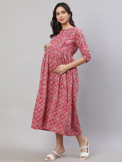Women Pink Printed Flared Maternity Dress | LASVINI - Redefining Indian Fashion with Elegance