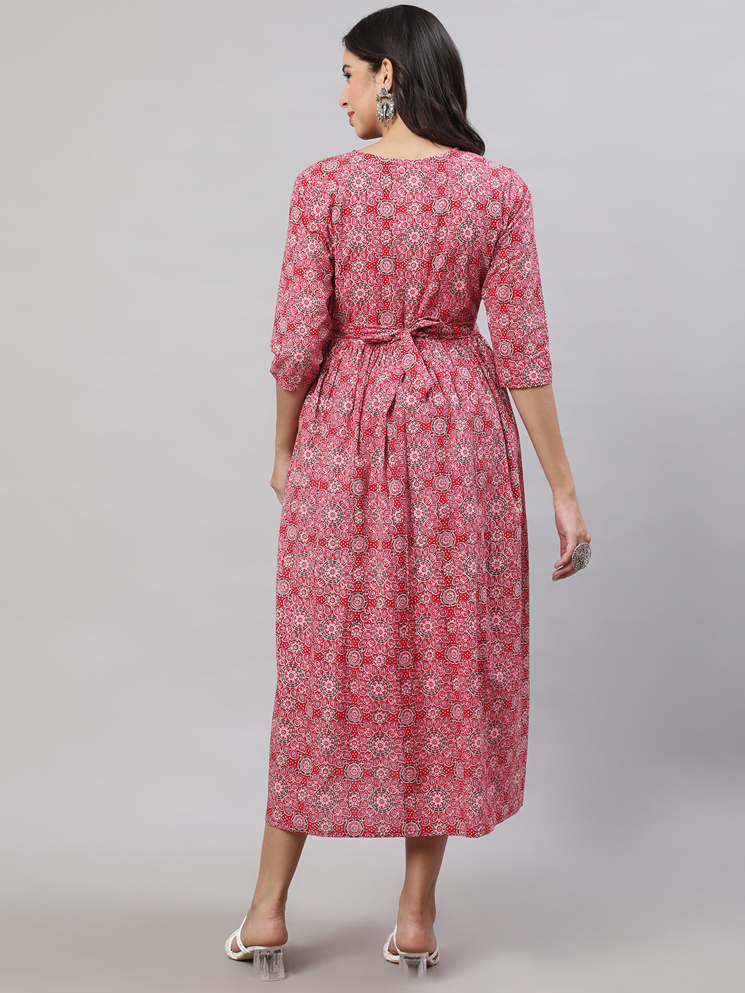 Women Pink Printed Flared Maternity Dress | LASVINI - Redefining Indian Fashion with Elegance