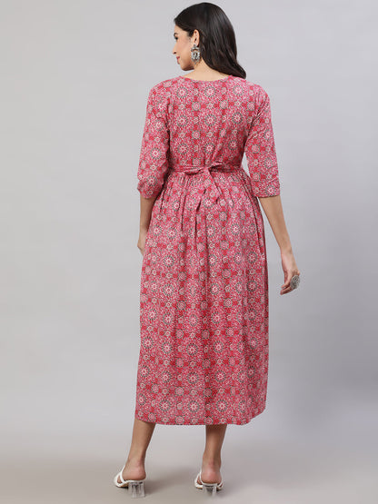 Women Pink Printed Flared Maternity Dress | LASVINI - Redefining Indian Fashion with Elegance