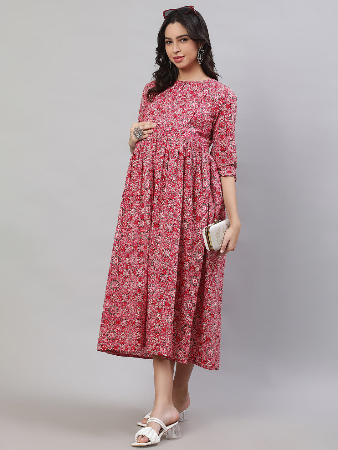 Women Pink Printed Flared Maternity Dress | LASVINI - Redefining Indian Fashion with Elegance