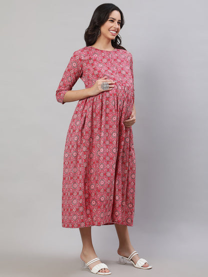 Women Pink Printed Flared Maternity Dress | LASVINI - Redefining Indian Fashion with Elegance