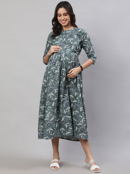 Women Green Printed Flared Maternity Dress | LASVINI - Redefining Indian Fashion with Elegance
