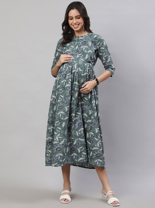 Women Green Printed Flared Maternity Dress | LASVINI - Redefining Indian Fashion with Elegance