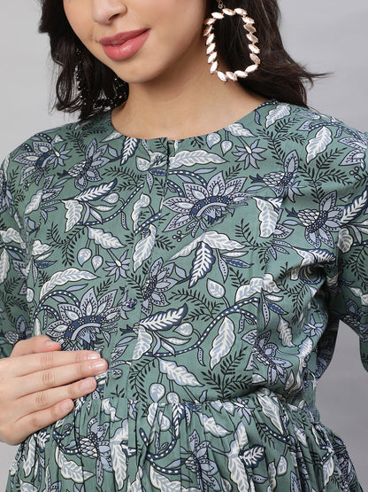 Women Green Printed Flared Maternity Dress | LASVINI - Redefining Indian Fashion with Elegance
