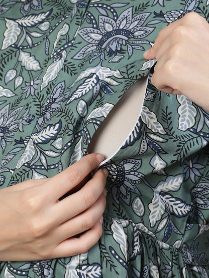 Women Green Printed Flared Maternity Dress | LASVINI - Redefining Indian Fashion with Elegance