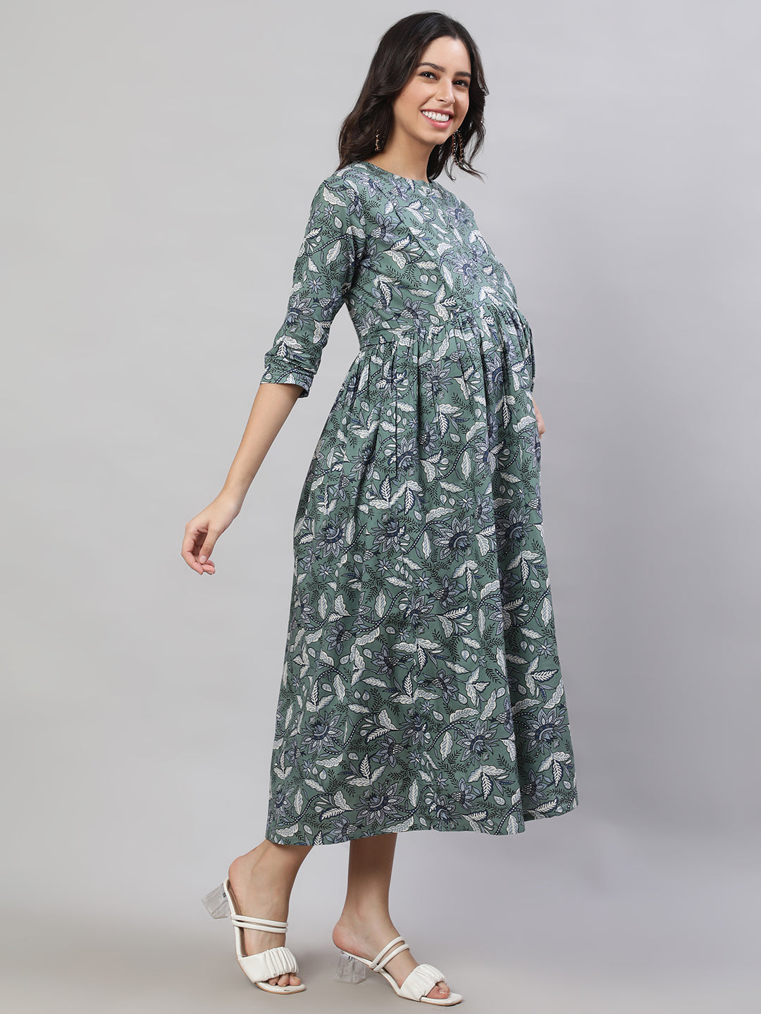 Women Green Printed Flared Maternity Dress | LASVINI - Redefining Indian Fashion with Elegance