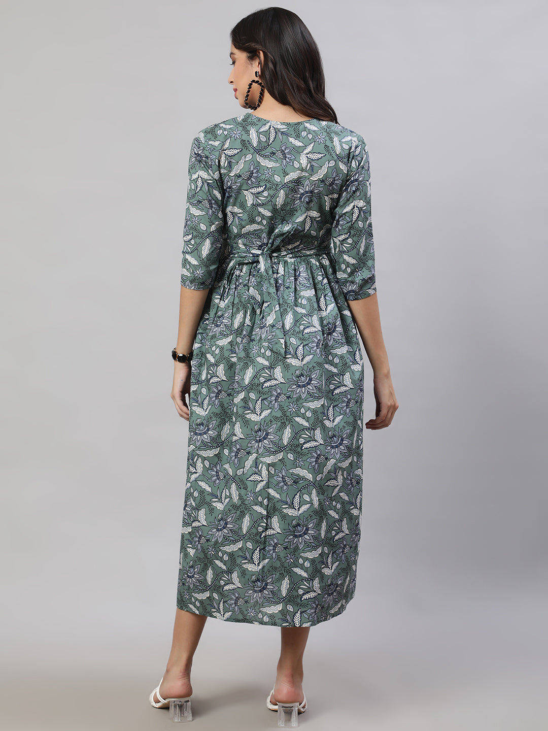 Women Green Printed Flared Maternity Dress | LASVINI - Redefining Indian Fashion with Elegance