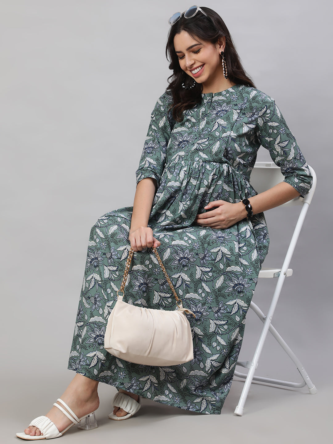 Women Green Printed Flared Maternity Dress | LASVINI - Redefining Indian Fashion with Elegance