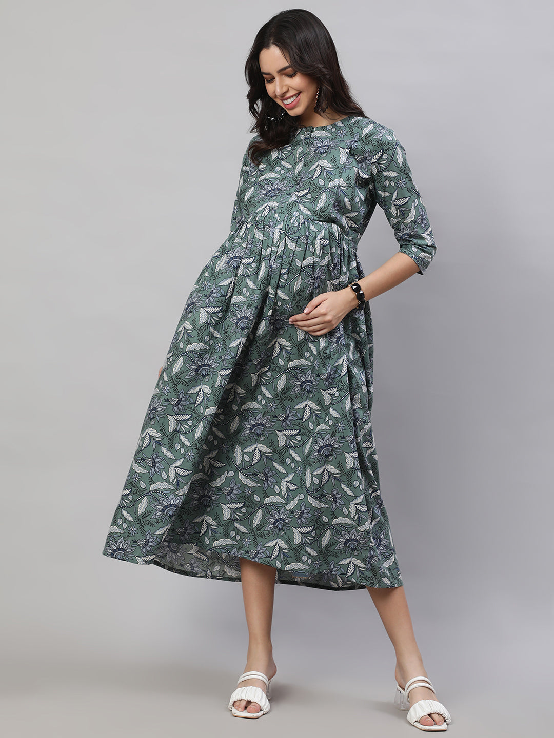 Women Green Printed Flared Maternity Dress | LASVINI - Redefining Indian Fashion with Elegance