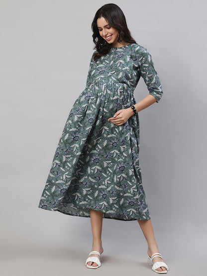 Women Green Printed Flared Maternity Dress | LASVINI - Redefining Indian Fashion with Elegance