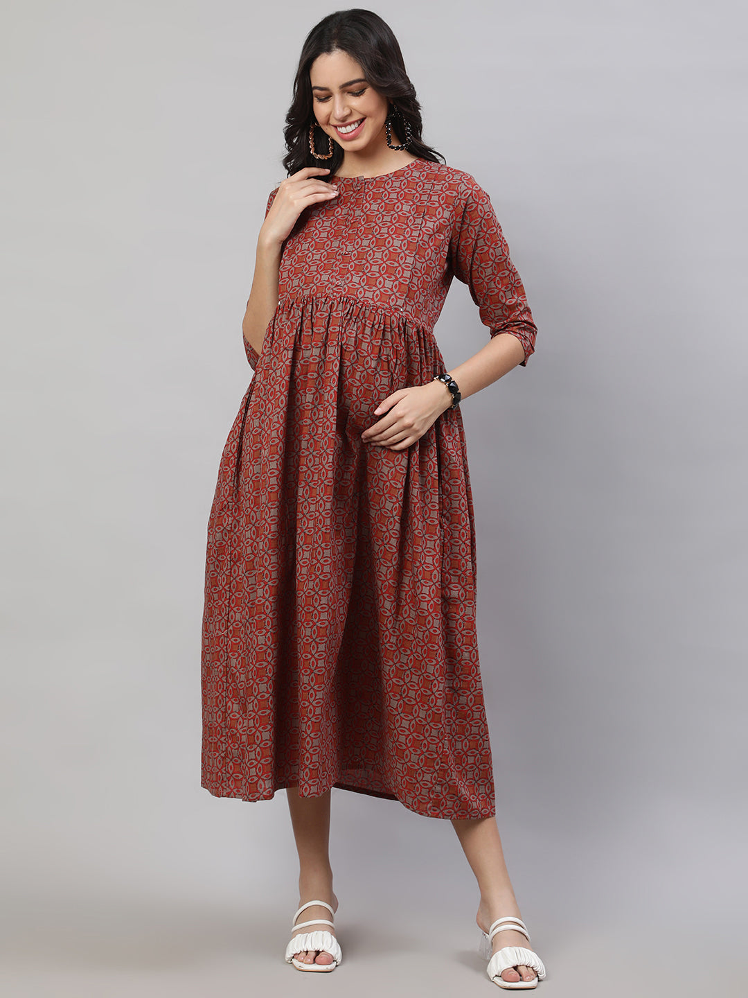 Women Rust Printed Flared Maternity Dress | LASVINI - Redefining Indian Fashion with Elegance