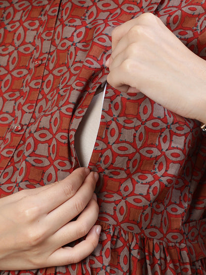 Women Rust Printed Flared Maternity Dress | LASVINI - Redefining Indian Fashion with Elegance