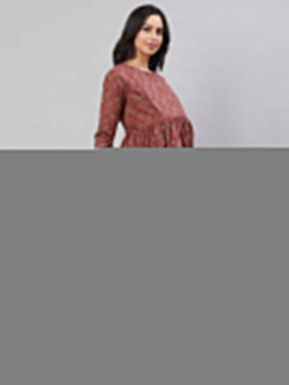 Women Rust Printed Flared Maternity Dress | LASVINI - Redefining Indian Fashion with Elegance