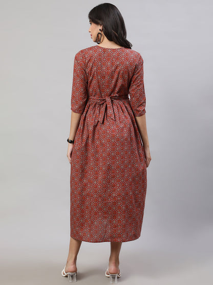Women Rust Printed Flared Maternity Dress | LASVINI - Redefining Indian Fashion with Elegance