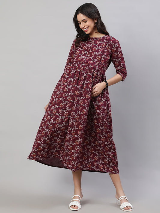 Women Burgundy Printed Flared Maternity Dress | LASVINI - Redefining Indian Fashion with Elegance