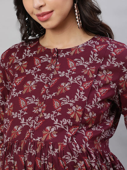Women Burgundy Printed Flared Maternity Dress | LASVINI - Redefining Indian Fashion with Elegance