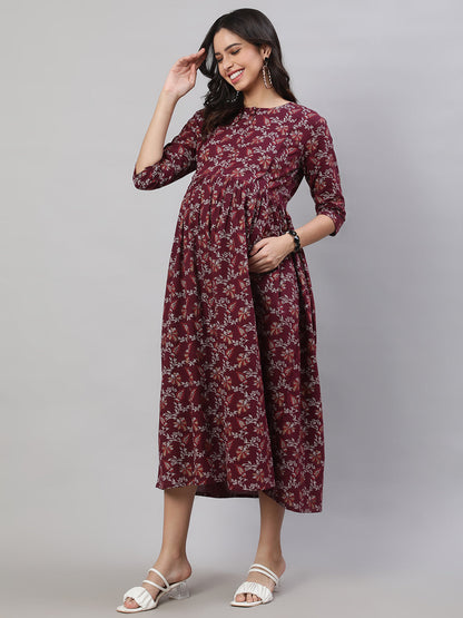 Women Burgundy Printed Flared Maternity Dress | LASVINI - Redefining Indian Fashion with Elegance