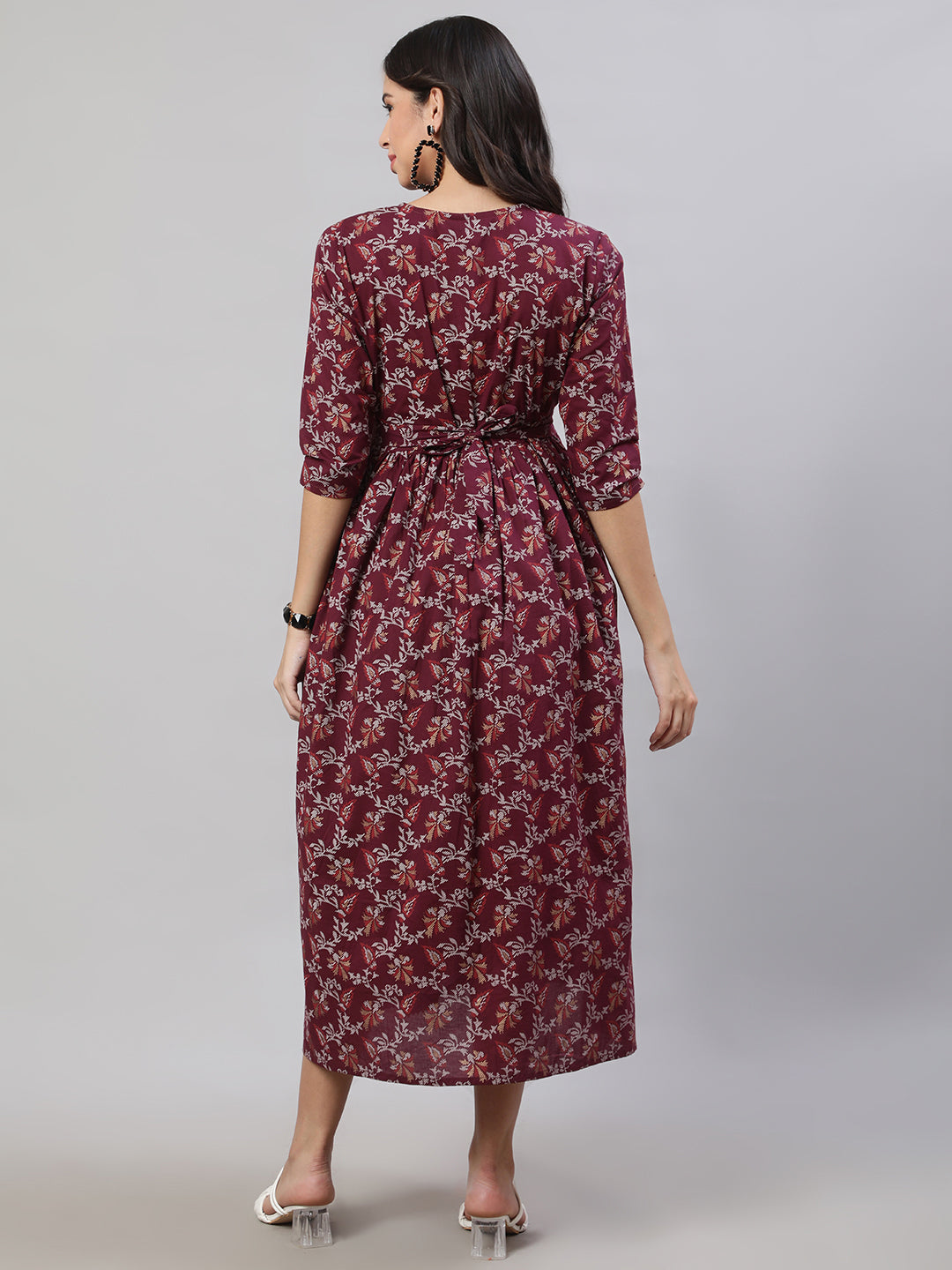 Women Burgundy Printed Flared Maternity Dress | LASVINI - Redefining Indian Fashion with Elegance