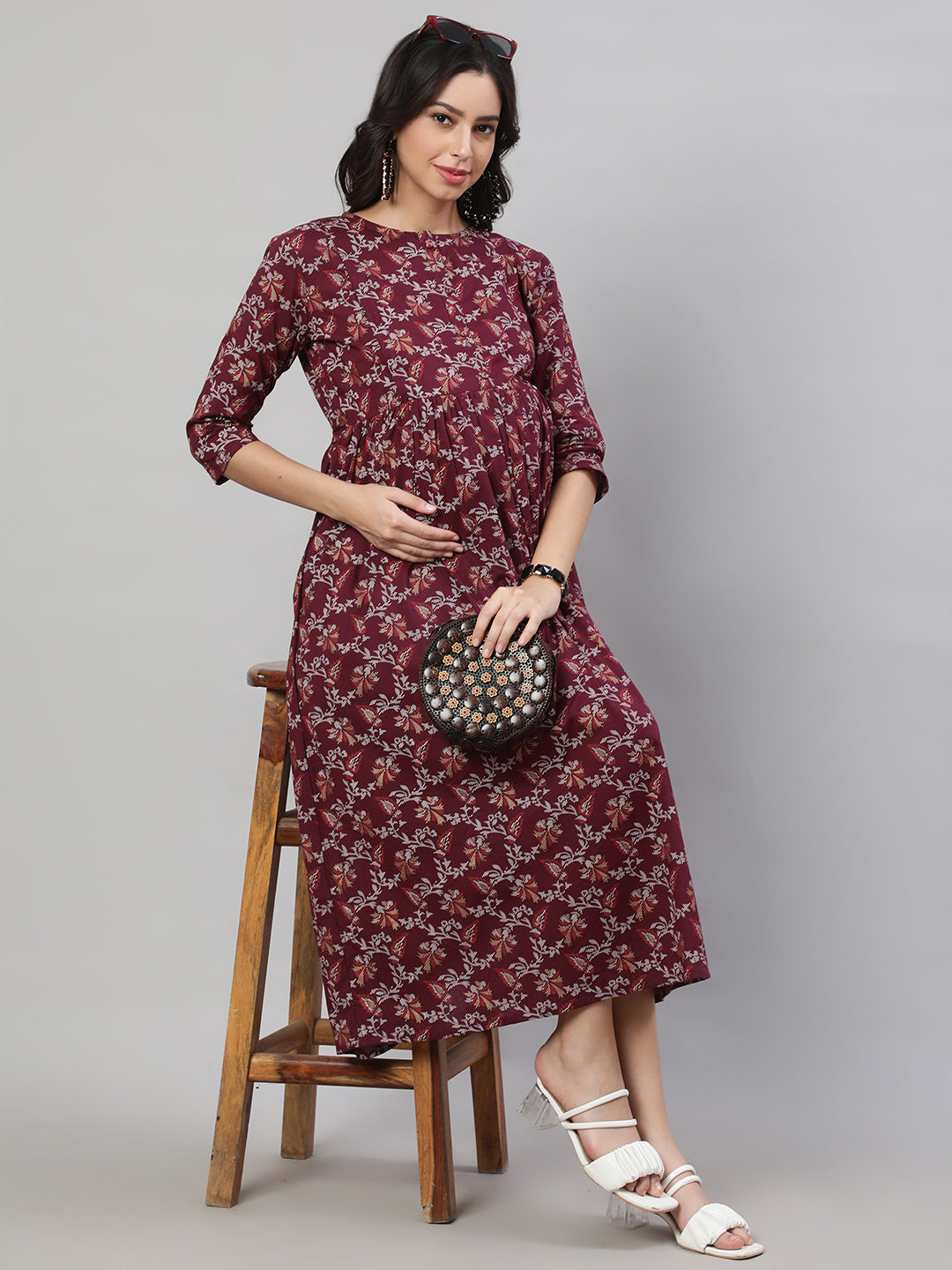 Women Burgundy Printed Flared Maternity Dress | LASVINI - Redefining Indian Fashion with Elegance