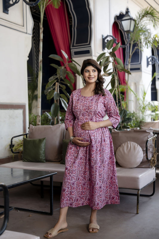 Women Lavender Printed Flared Maternity Dress | LASVINI - Redefining Indian Fashion with Elegance