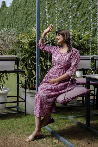 Women Lavender Printed Flared Maternity Dress | LASVINI - Redefining Indian Fashion with Elegance
