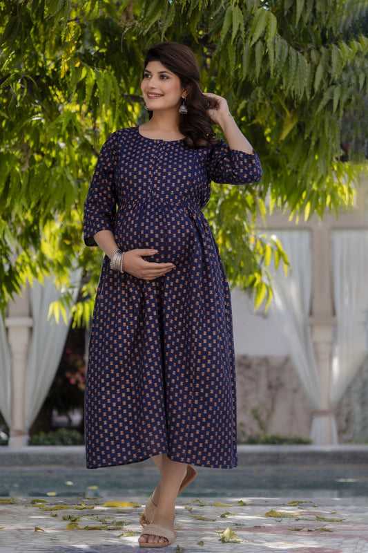 Women Navy Blue Printed Flared Maternity Dress | LASVINI - Redefining Indian Fashion with Elegance