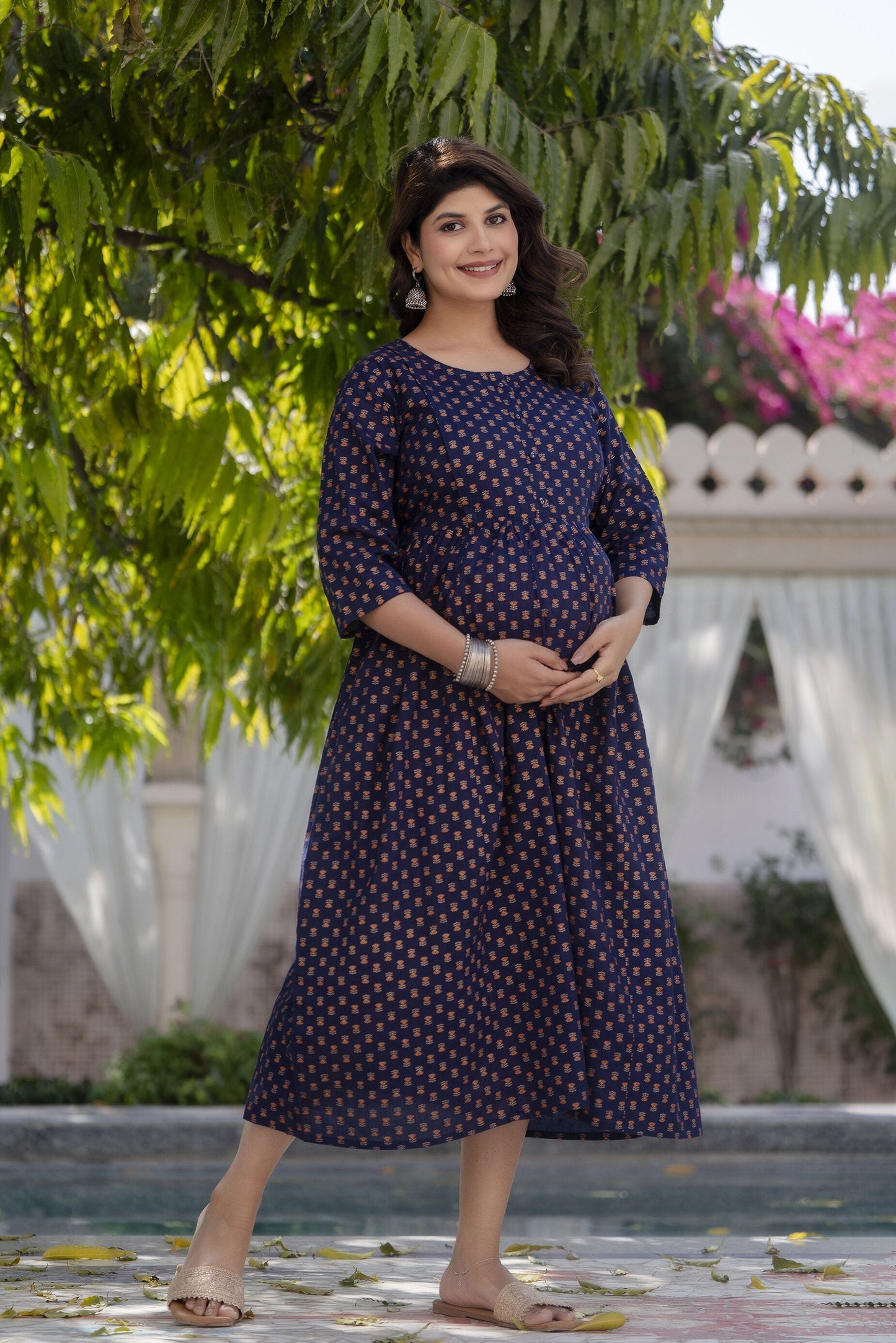 Women Navy Blue Printed Flared Maternity Dress | LASVINI - Redefining Indian Fashion with Elegance