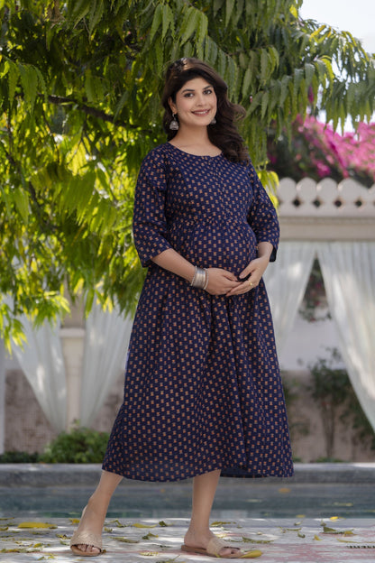 Women Navy Blue Printed Flared Maternity Dress | LASVINI - Redefining Indian Fashion with Elegance