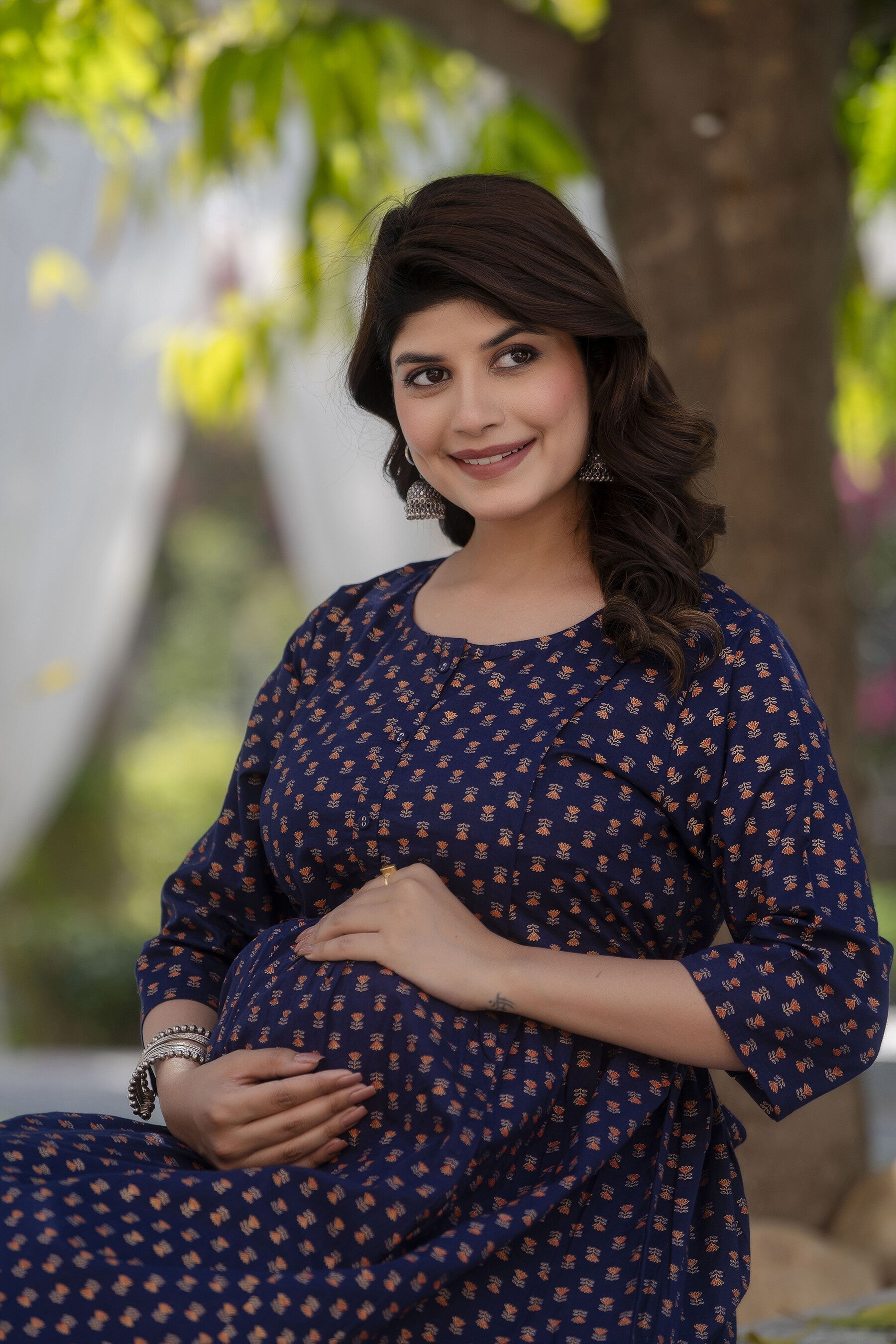 Women Navy Blue Printed Flared Maternity Dress | LASVINI - Redefining Indian Fashion with Elegance