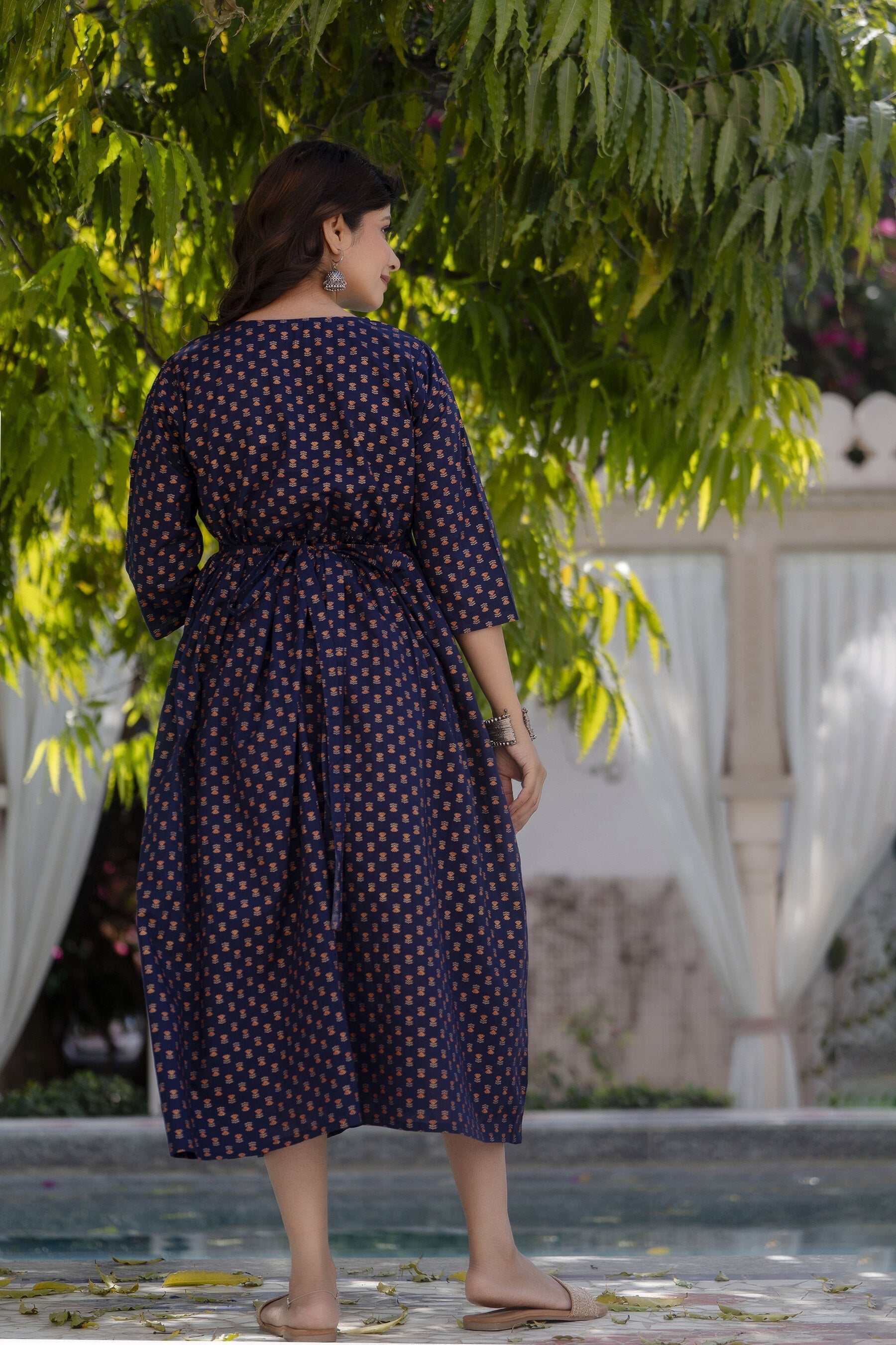 Women Navy Blue Printed Flared Maternity Dress | LASVINI - Redefining Indian Fashion with Elegance