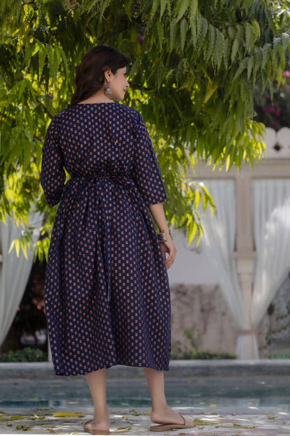 Women Navy Blue Printed Flared Maternity Dress | LASVINI - Redefining Indian Fashion with Elegance