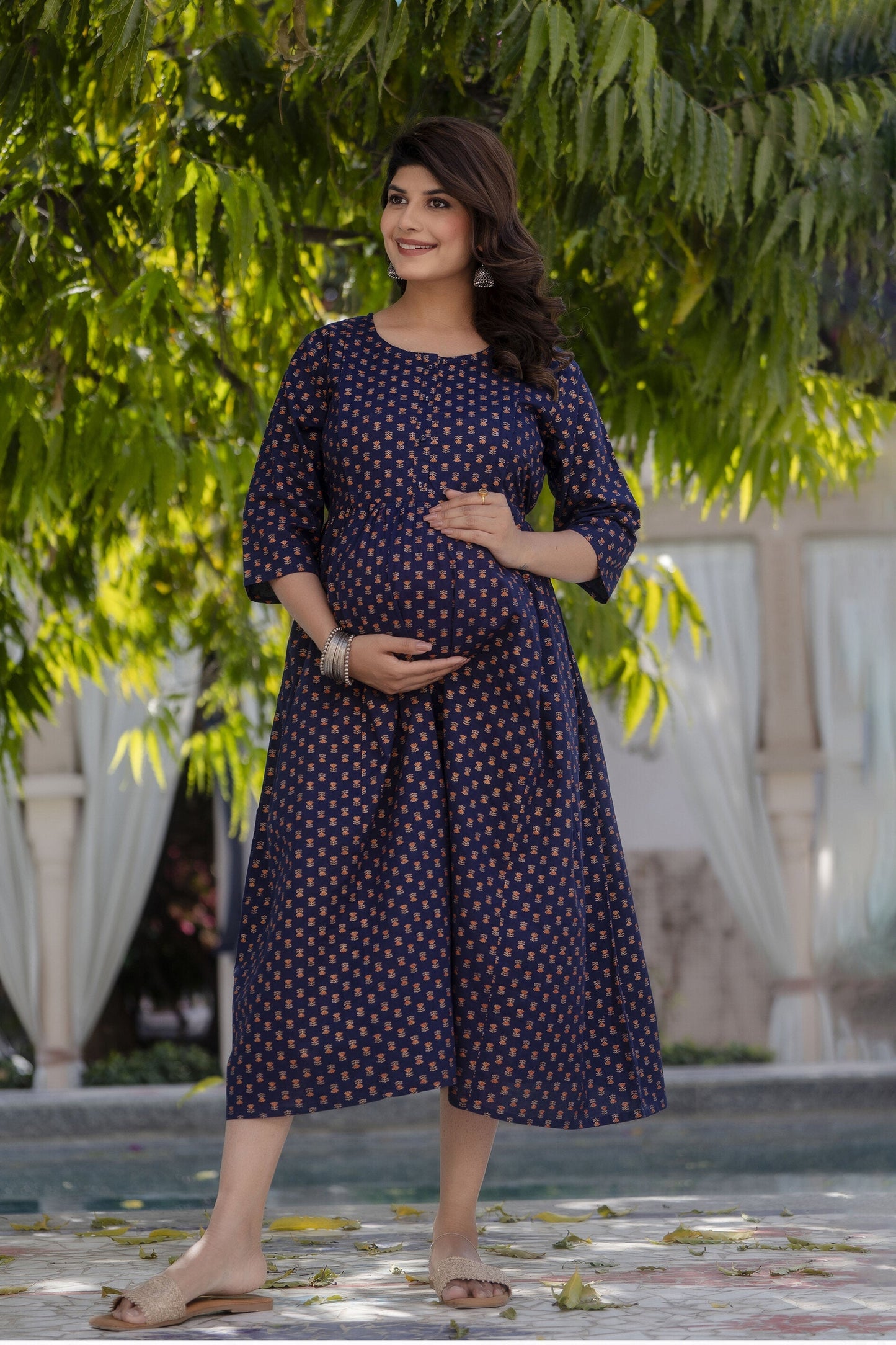 Women Navy Blue Printed Flared Maternity Dress | LASVINI - Redefining Indian Fashion with Elegance
