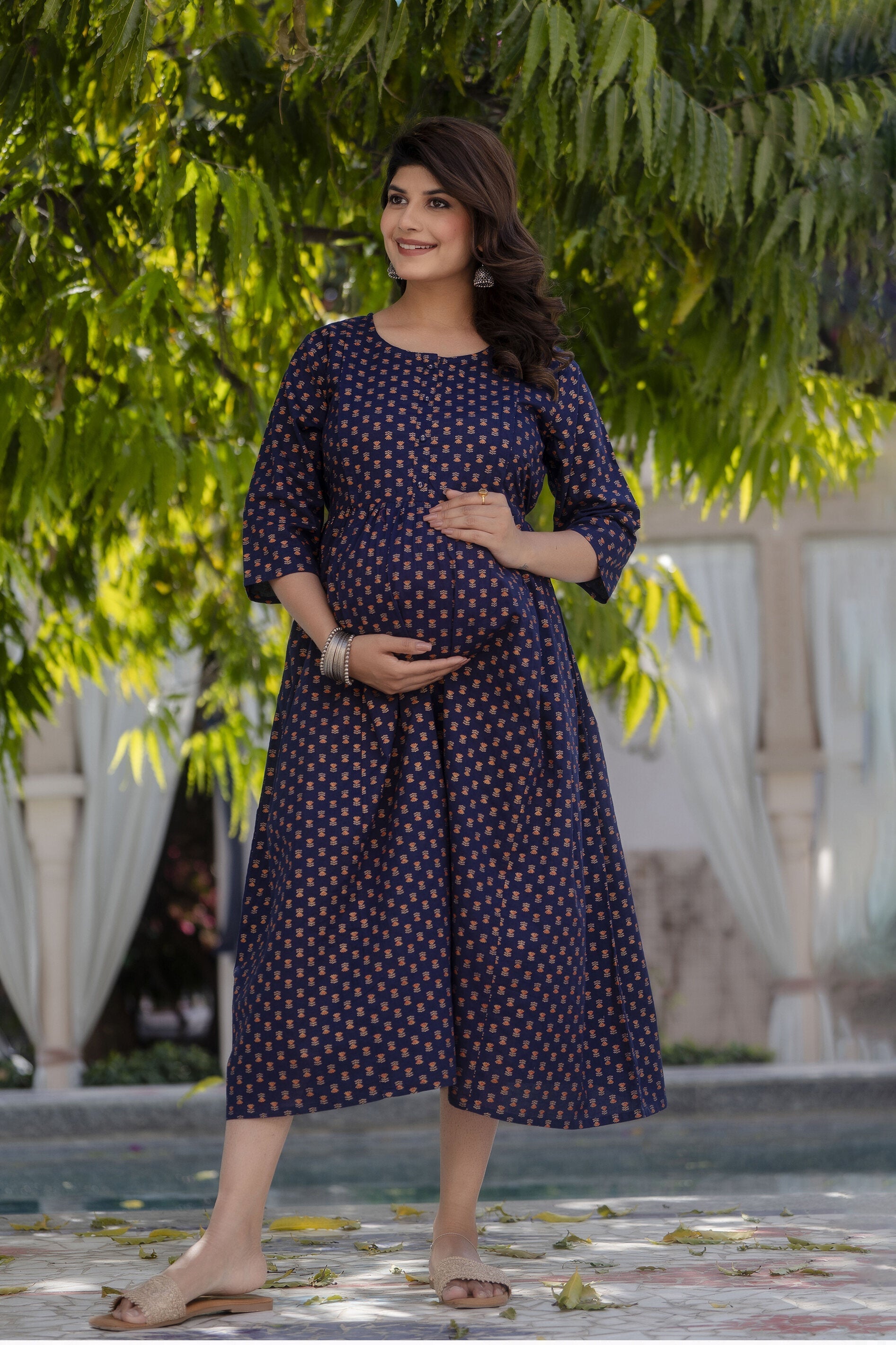Women Navy Blue Printed Flared Maternity Dress | LASVINI - Redefining Indian Fashion with Elegance
