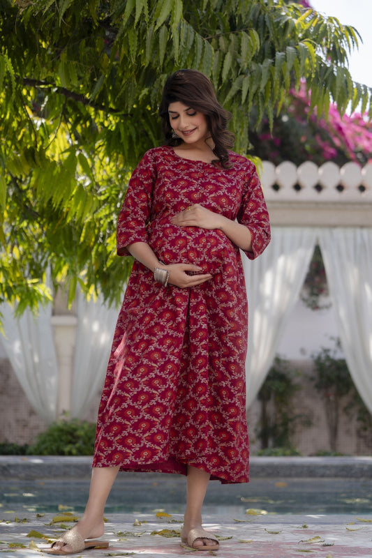Women Burgundy Printed Maternity Dress | LASVINI - Redefining Indian Fashion with Elegance