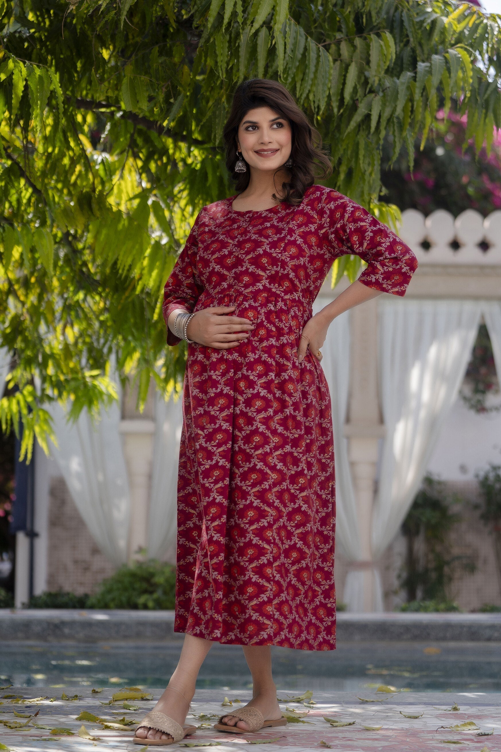 Women Burgundy Printed Maternity Dress | LASVINI - Redefining Indian Fashion with Elegance