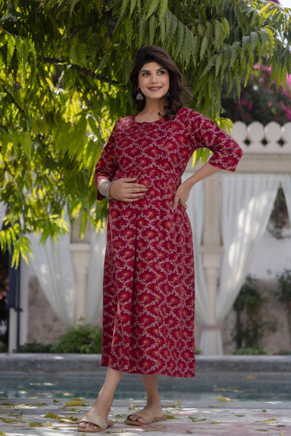Women Burgundy Printed Maternity Dress | LASVINI - Redefining Indian Fashion with Elegance